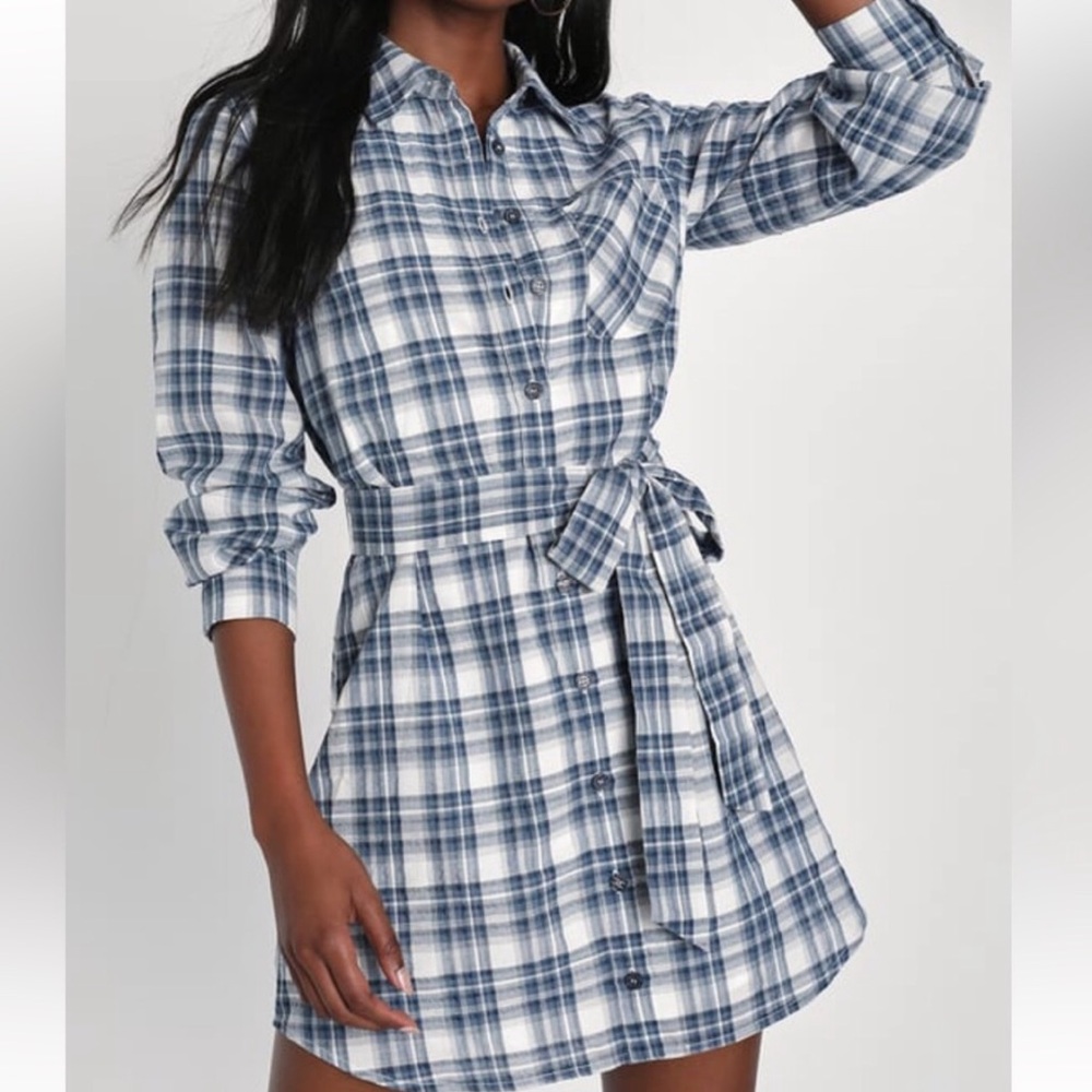 Lulu’s Everyday Affection Blue Plaid Long Sleeve Collared Mini Dress